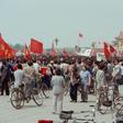 People gather at Tiananmen Square on May 15, 1989, disrupting a scheduled visit by reformist Soviet leader Mikhail Gorbachev