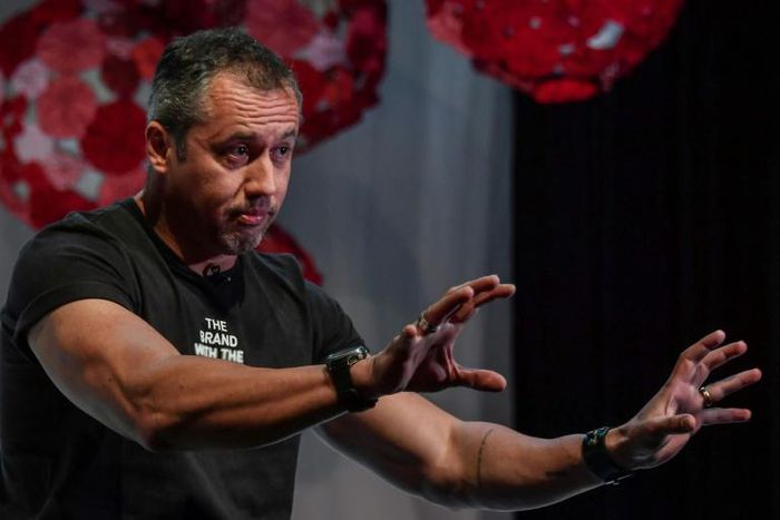 Brazilian theater director Roberto Alvim gestures during an interview with AFP on July 18, 2019
