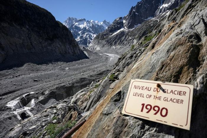 The Mer de Glace glacier in Chamonix, France has receded and is now some way from its position in 1990
