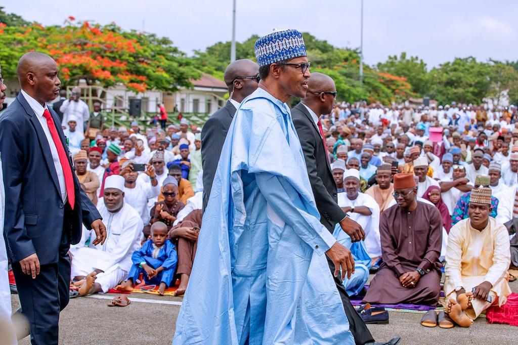 President Muhammadu Buhari attends Eid el-Fitr Prayers earlier today at the Mabilla Barracks, in Abuja. [Twitter/@BashirAhmaad]