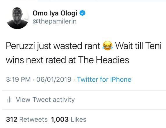 Pamilerin tweets shading Peruzzi after he lost the Next Rated award to Teni in January 2019. [LindaIkejiblog]
