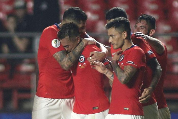 Eduardo Vargas celebrates after his goals help Chile defeat Japan 4-0 in the Copa America