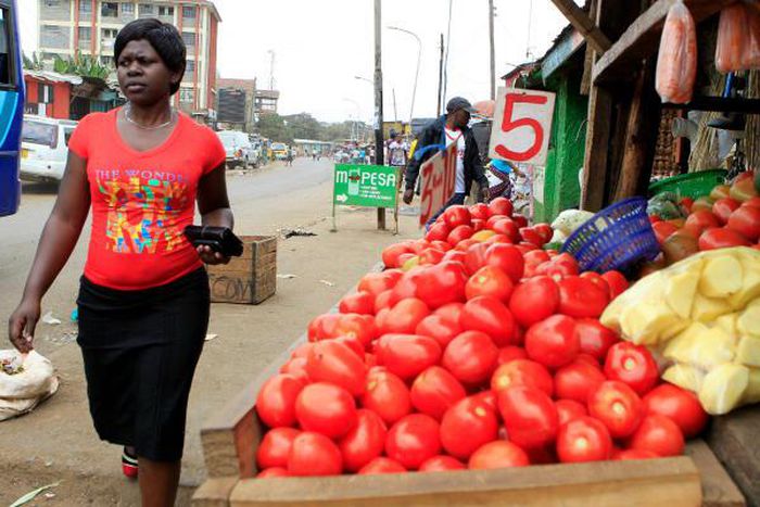 Tomatoes on display at a market