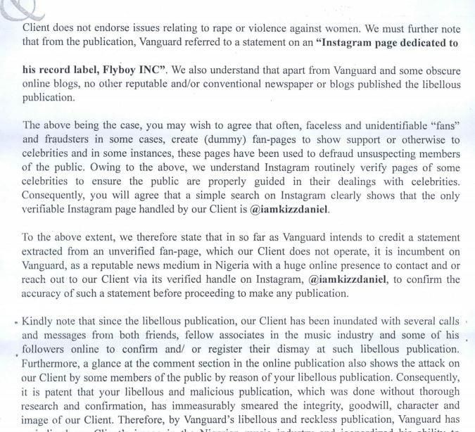 The letter states that Kizz Daniel is demanding a public apology and withdrawal of the publication, a written undertaking not to publish anything about him without confirmation and the sum of 100million naira to cover for reputational damage he has alr...