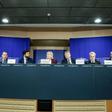 Members of the far-right group in the European Union parliament give a press conference in Brussels on June 13, 2019