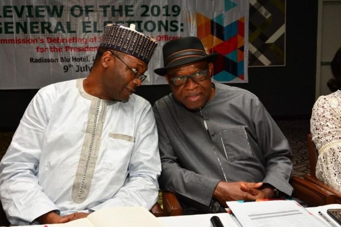 Prof Mahmood Yakubu, Chairman INEC with National Commissioner, Dr Mustafa Lecky at the Post 2019 General Election Review Meeting, held in Lagos  [News Verge]