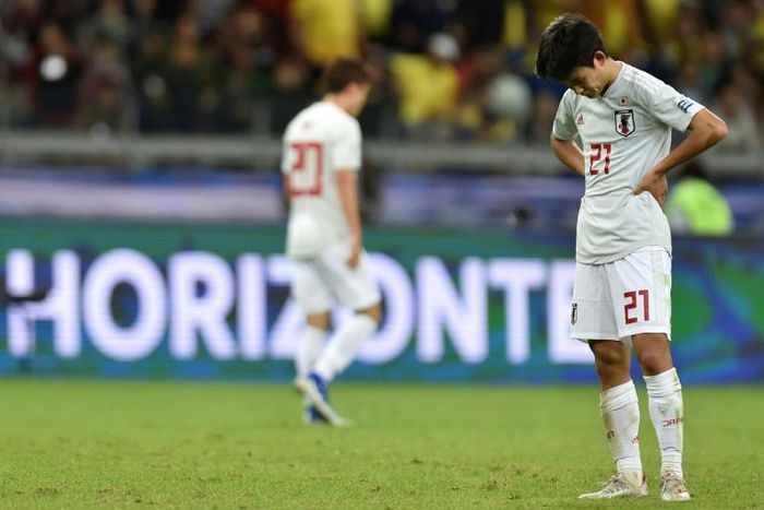 Japan's Takefusa Kubo reacts after drawing 1-1 with Ecuador and thus failing to reach the quarter-finals of the Copa America