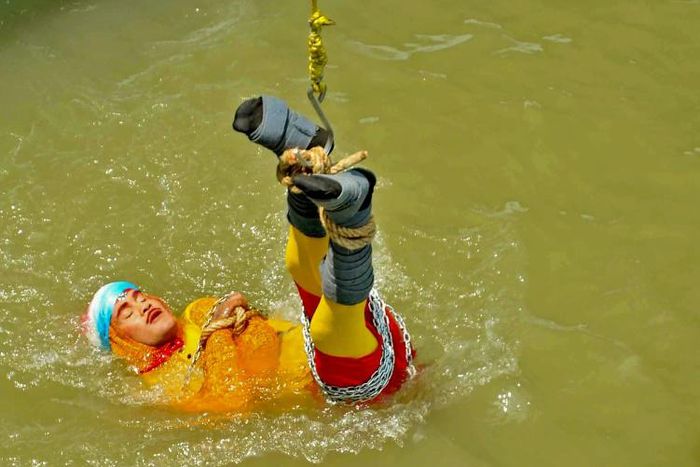 Indian stuntman Chanchal Lahiri, known by his stage name 'Jadugar Mandrake', is feared dead after being lowered into the Ganges river and failing to re-emerge