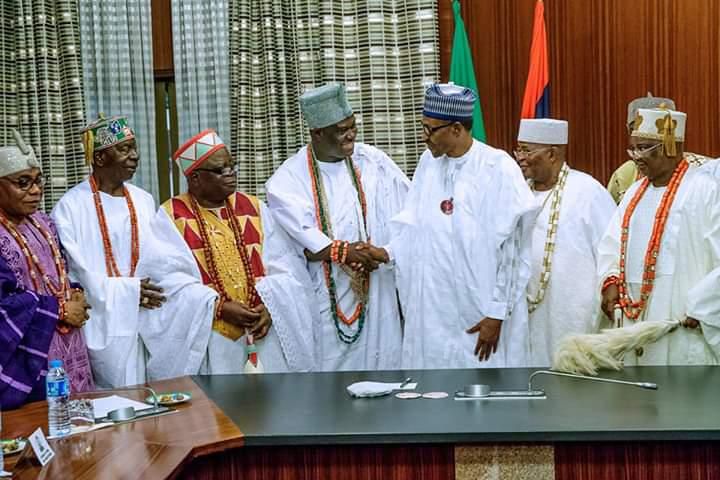 President Muhammadu Buhari and Yoruba traditional leaders during their courtesy visist to the President in Abuja (Current News Reporters)