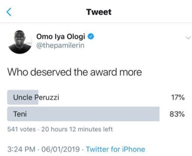 Pamilerin tweets shading Peruzzi after he lost the Next Rated award to Teni in January 2019. [LindaIkejiblog]