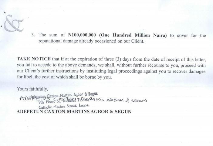 The letter states that Kizz Daniel is demanding a public apology and withdrawal of the publication, a written undertaking not to publish anything about him without confirmation and the sum of 100million naira to cover for reputational damage he has alr...