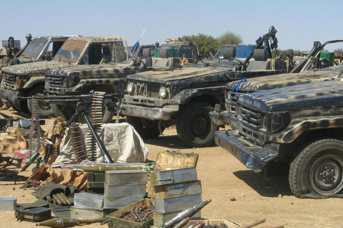 Vehicles and armaments belonging to the Union of Forces for Democracy and Development (UFDD) is displayed by the Chadian army, 90 kilometres (55 miles) to the east of Abou Goulem on November 27, 2007