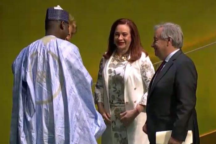 From left: President-elect of the 74th UN Genetral Assembly, Amb. Tijani Mohammad-Bande; outgoing president of the 73rd UNGA, Ms Maria Espinosa, and UN Secretray General, Antonio Guterres, shortly after Mohammad-Bande’s election at the UN hedaquarter i...