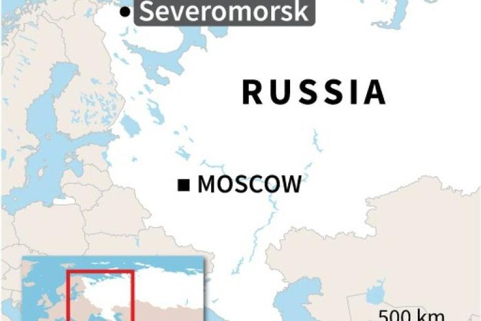 Map of Russia locating Severomorsk in the far north, where the defence ministry said 14 crew died in a fire on a deep submersible