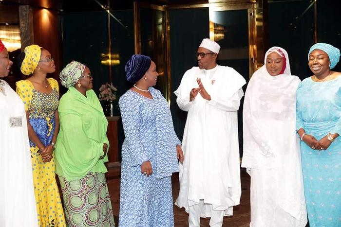 R-L: President Muhammadu Buhari, Vice President South, Barrister Sharon Ikeazor, President Women in Politics Forum, Barrister Ebere Ifendu, Patron of the Women in Politics Forum and former Minister of Women Affairs, Iyom Josephine Anenih, VP North Haji...