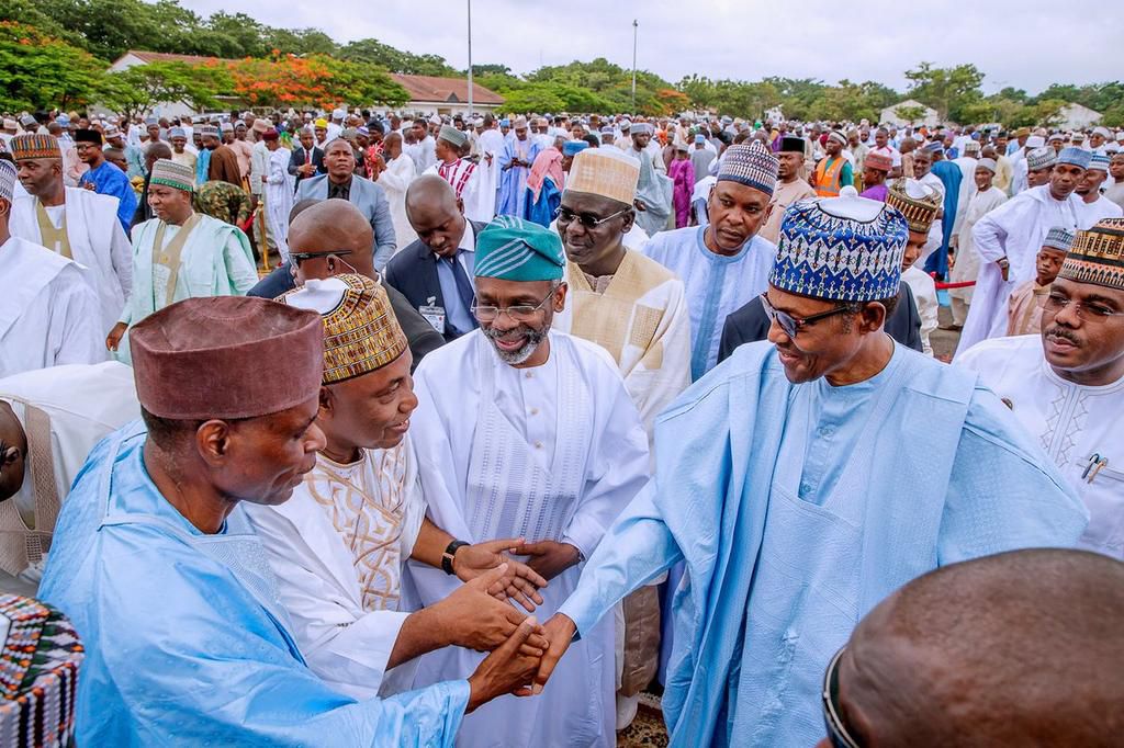 President Muhammadu Buhari attends Eid el-Fitr Prayers earlier today at the Mabilla Barracks, in Abuja. [Twitter/@BashirAhmaad]