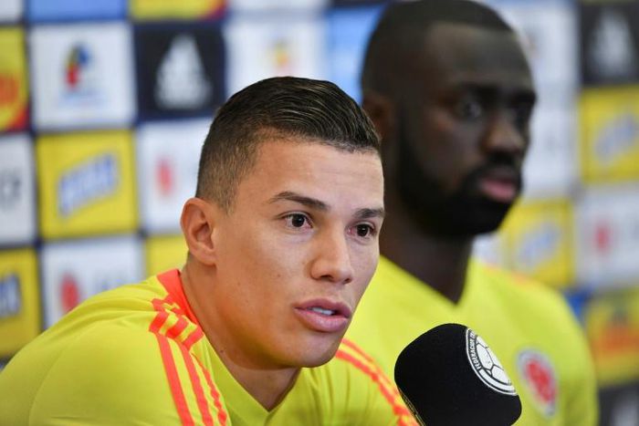 Colombia player Mateus Uribe speaks during a news conference in Sao Paulo, Brazil ahead of the Copa America quarterfinal football match against Chile