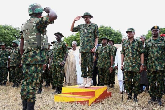 President Muhammadu Buhari pictured in Army uniform during the flag off of the 2016 Army celebration in Gusau, Zamfara State