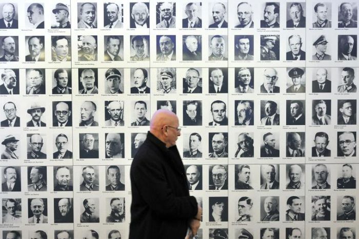 A wall featuring portraits of officers and other officials involved in the plot to assassinate Adolf Hitler in 1944 at the German Resistance Memorial Centre in Berlin
