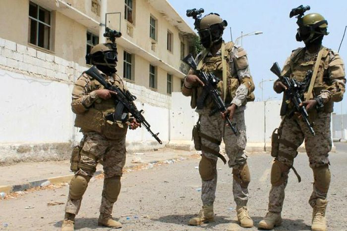 Yemeni special forces stand guard in Aden in July 2015