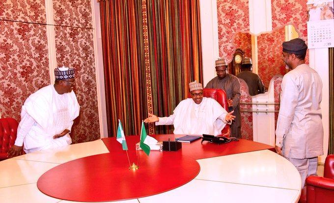 President Muhammadu Buhari, President of the Senate, Senator Ahmad Lawan and Speaker of the House of Representatives, Honourable Femi Gbajabiamila. [Twitter/@MBuhari]