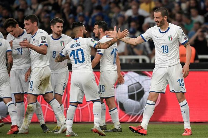 Leonardo Bonucci (R) celebrates after scoring in Italy's 3-0 Euro 2020 qualifying win over Greece