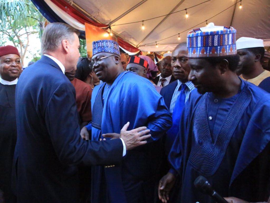 President of the Senate, Senator Ahmad Lawan, joined the United States Ambassador to Nigeria, Stuart Symington in the celebration of the 243rd Independence Anniversary of the USA at the US Embassy in Abuja. [Twitter/@SPNigeria]