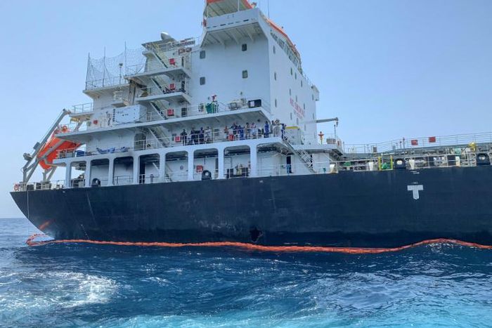 A picture taken during a guided tour by the US Naval Forces Central Command, or NAVCENT, shows damage to the hull of the Japanese-owned tanker Kokuka Courageous off the port of the Gulf emirate of Fujairah on June 19, 2019