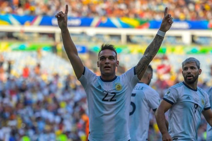 Lautaro Martinez celebrates scoring the opening goal that set Argentina on their way to a quarter-final victory over Venezuela
