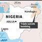 Map of Nigeria locating the town of Konduga, hit by a triple suicide bombing late Sunday.