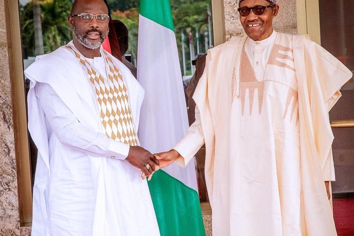 President Muhammadu Buhari and Liberian Leader George Weah [Twitter/@BashirAhmaad]