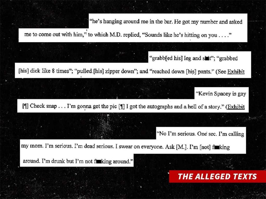 According to the docs, the texts are from screenshots taken by the accuser and provided to investigators [TMZ]