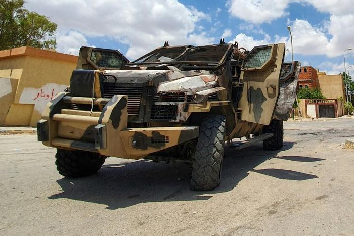 A burnt-out vehicle belonging to forces loyal to Libyan strongman Khalifa Haftar in the recaptured town of Gharyan