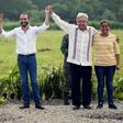 Salvadorean President Nayib Bukele (2-L) and Mexican counterpart Andres Manuel Lopez Obrador (2-R) pose during a tree planting ceremony in Tapachula, Chiapas state, Mexico on June 20, 2019