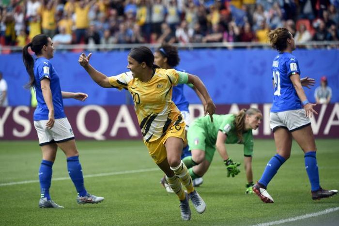 Sam Kerr celebrates her first World Cup goal against Italy on Sunday