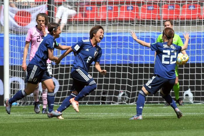 Mana Iwabuchi celebrates after putting Japan ahead against Scotland in Rennes on Friday