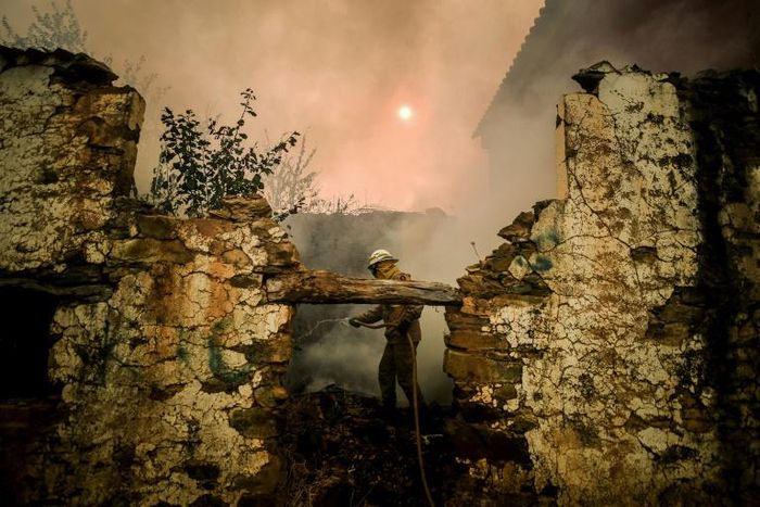 A National Guard firefighter helps battle a wildfire in the village of Roda in central Portugal on July 21