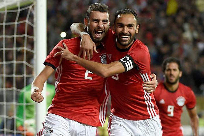 Ahmed Elmohamady (R) celebrates scoring for Egypt against Tunisia last year in a 2019 Africa Cup of Nations qualifier