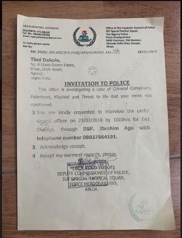 A copy of arrest warrant from Police to Timi Dakolo