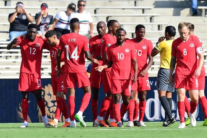 Canada celebrate Jonathan David's opening goal in a 4-0 Gold Cup defeat of Martinique