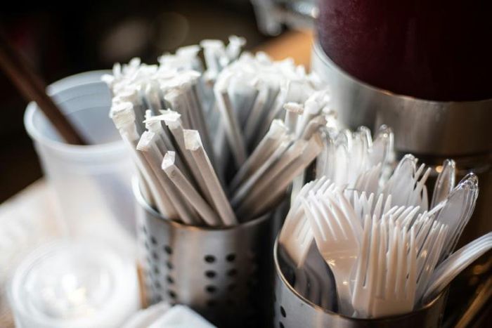 Plastic straws wrapped in paper are seen at a food hall in Washington on June 20, 2019, days before a ban on such straws is to take effect