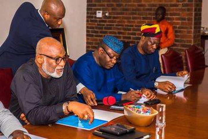 Gov. Oluwarotimi Akeredolu of Ondo State and other South West governors addressing the press after the meeting [Twitter/@OndoAPC]