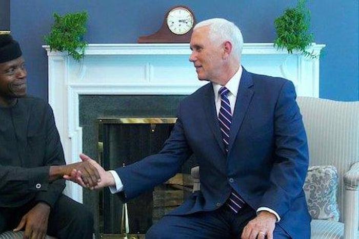 Nigeria Vice President Prof. Yemi Osinbajo meets his American counterpart, Mike Pence to discuss economy, military assistance and counter terrorism [Twitter/@gistalways]