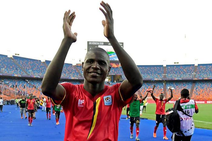 A file photo of Uganda forward Patrick Kaddu celebratng an Africa Cup of Nations victory over the Democratic Republic of Congo in Egypt last month.