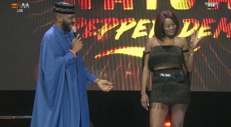 Isioma told Ebuka Obi-Uchendu that Jeff and KimOprah are living a fake life in the BBNaija 2019 house. [Twitter/BigBroNaija]