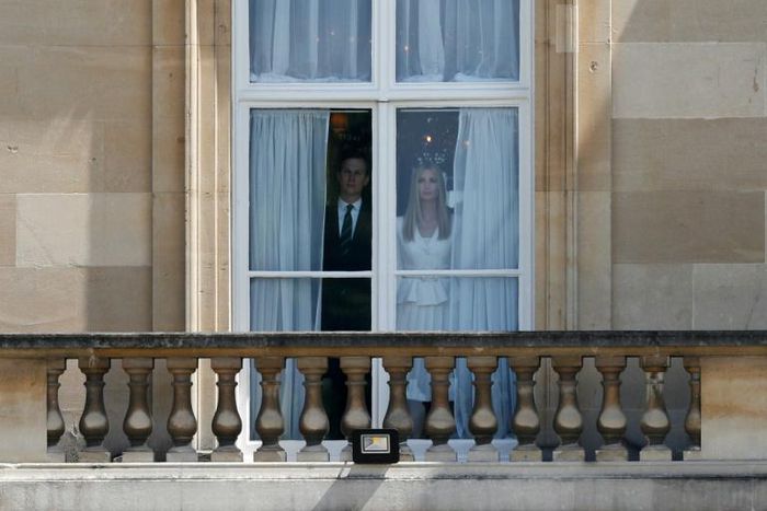 Ivanka Trump (R) and her husband special advisor to the US president Jared Kushner (L) watch for the arrival of US President Donald Trump and US First Lady Melania Trump during a welcome ceremony at Buckingham Palace on June 3, 2019