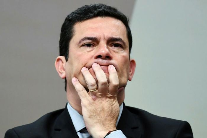 Brazilian Justice Minister and former judge Sergio Moro gestures during a hearing at Senate's Constitution and Justice Comission in Brasilia on June 19, 2019