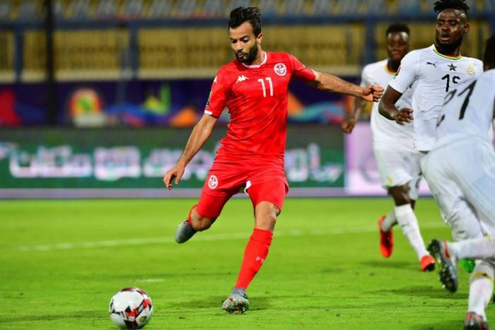 Taha Yassine Khenissi scores to put Tunisia ahead against Ghana in an Africa Cup of Nations last-16 match in Ismailia