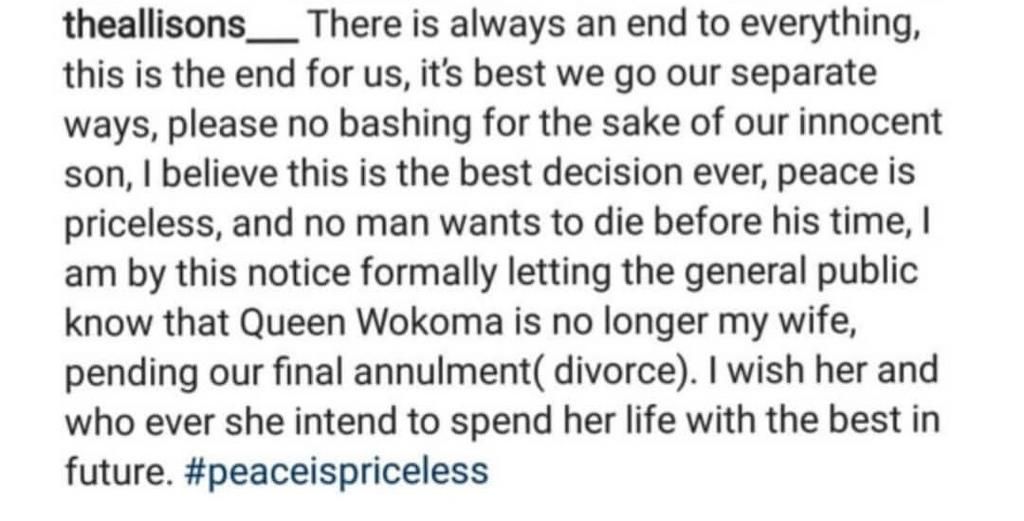 A few weeks after their divorce story broke the Internet, Queen Wokoma estranged husband, Prince Kalada Allison has penned down a suicidal note [LindaIkeji]