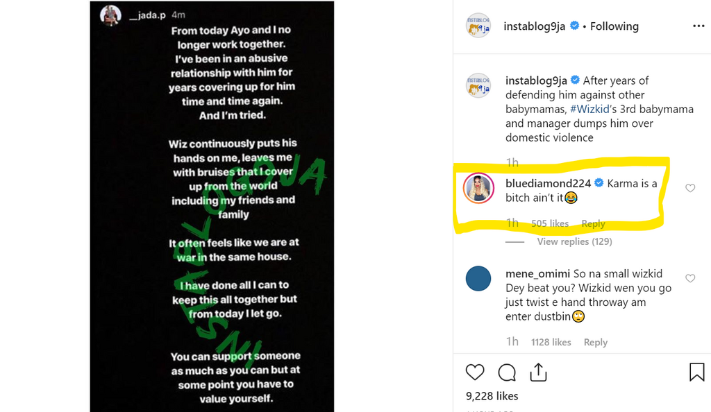 Wizkid's second baby mama, Binta Diallo was among the early birds who commented on Jada's post on Instagram [Instagram/Instablog9ja]
